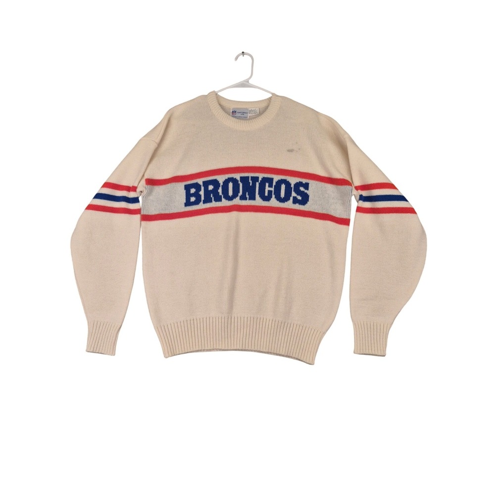 Vintage Cliff Engle NFL Denver Broncos Knit Sweater Mens XL Cream Wool Blend USA